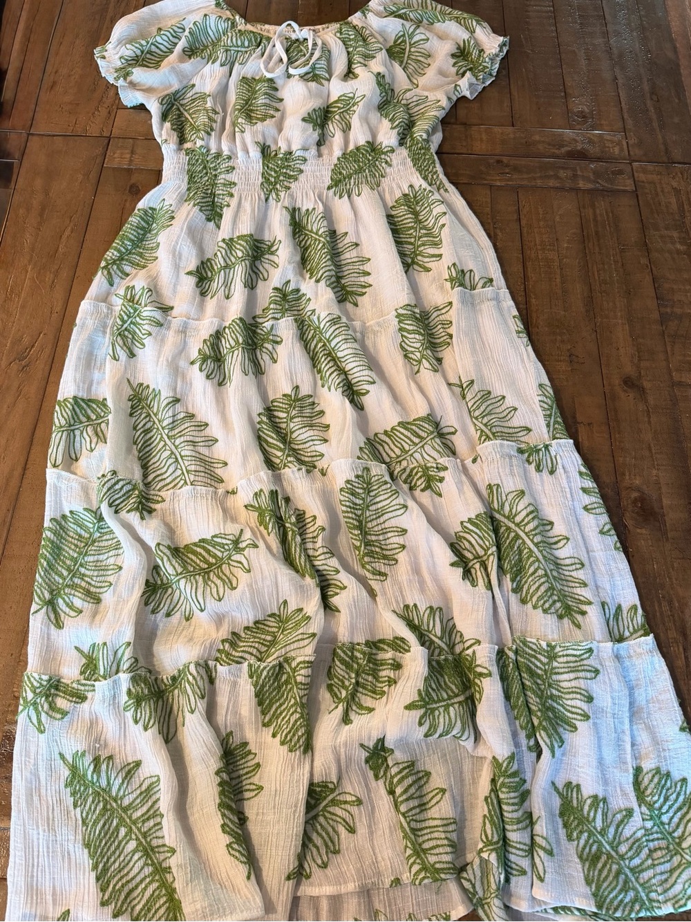 White Maxi Dress with Green Leaf Embroidery